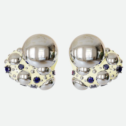 Ribolle earrings with abstract bubbling form, studded with sapphire cubic zirconia crystals and hand-painted enamel finish.