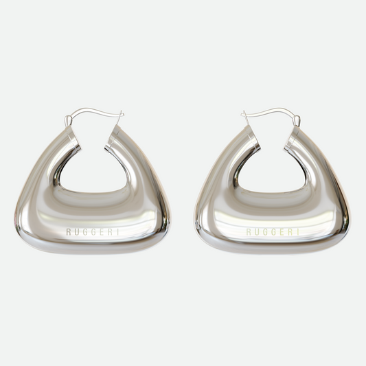 Silver Pouch earrings with inflated hoop design and subtle Ruggeri logo engraving.