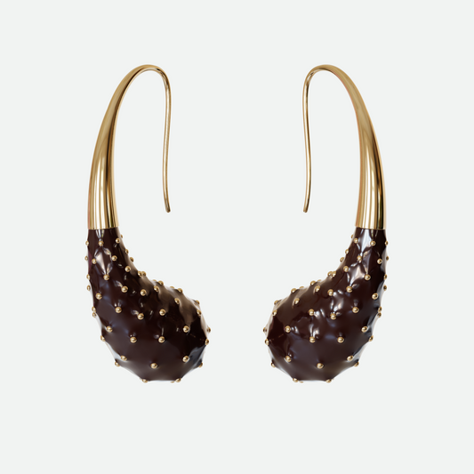 Aspera earrings with hand-painted coffee enamel and gold plated brass, designed by Ruggeri.
