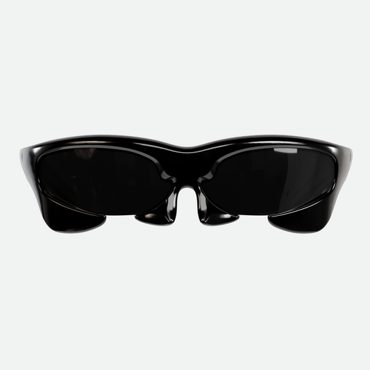 Front view render of Ruggeri Carapace sunglasses in all black, featuring a custom-moulded insectoid appearance with black lenses, designed in Western Australia.