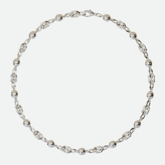 Sphera necklace with custom hexagonal links interspersed with smooth silver pearls, creating a striking interplay of form, designed by Ruggeri.