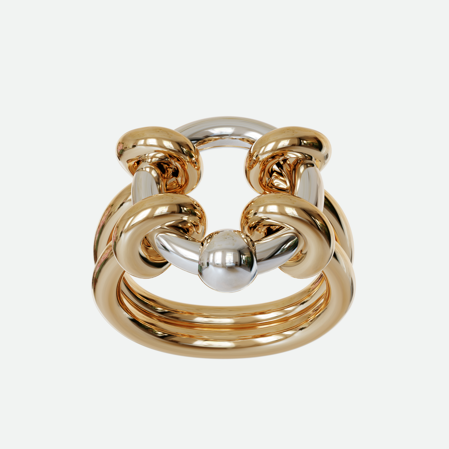 Captive Ring with a silver O-shaped piercing interlaced within a golden loop, emphasizing a striking contrast of metals, designed by Ruggeri.