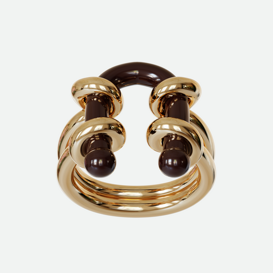Enamel Barbell Ring with a coffee-colored hand-painted enamel U-shaped piercing interlaced within a golden loop, showcasing a striking contrast of materials, designed by Ruggeri.