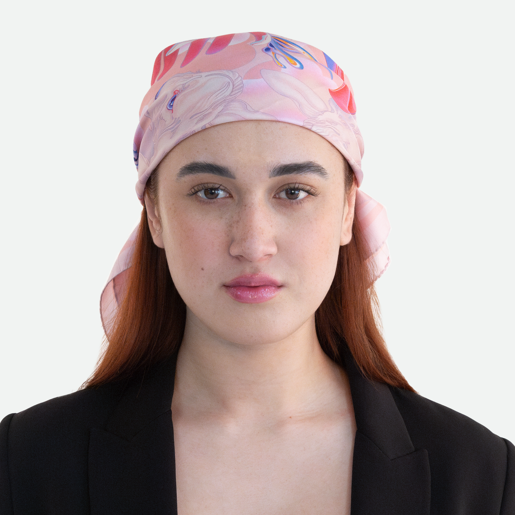 Model wearing the Ruggeri lamb print silk scarf as a headscarf, highlighting the detailed illustrations and rich color combinations.