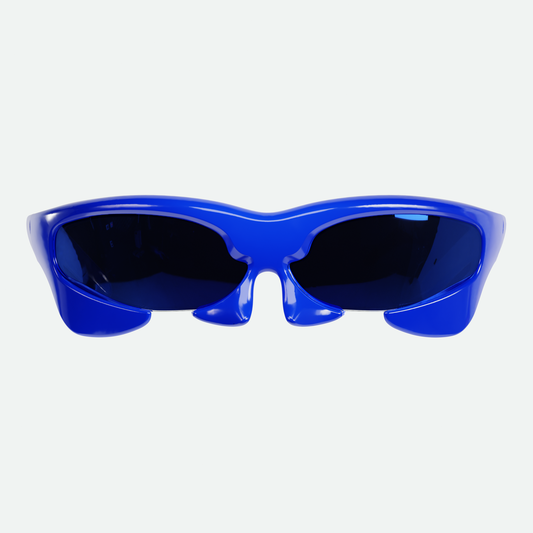 Front view render of Ruggeri Carapace sunglasses in vibrant blue, featuring a custom-moulded insectoid appearance with Category 3 UV400 REVO lenses, designed in Western Australia.
