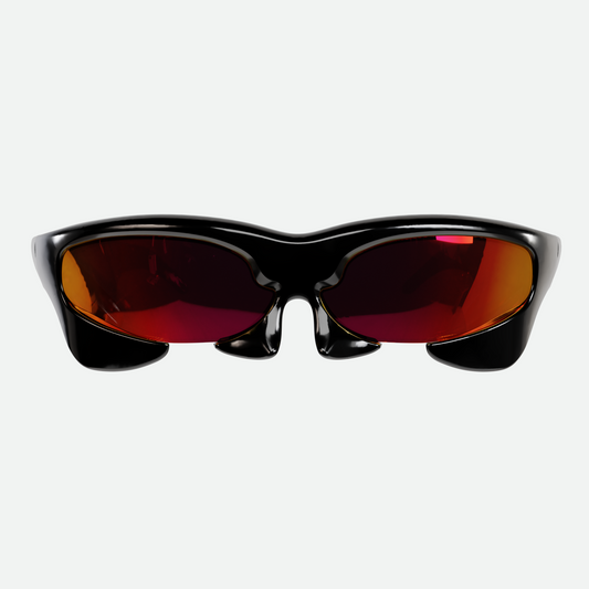 Front view render of Ruggeri Carapace sunglasses with black frames and bold red lenses, featuring a custom-moulded insectoid appearance with Category 3 UV400 REVO lenses, designed in Western Australia.