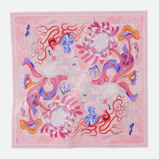 Ruggeri silk scarf with signature lamb print, featuring intricate illustrative line-work and a vibrant color palette on a silk twill weave, designed in Western Australia and made in Italy.