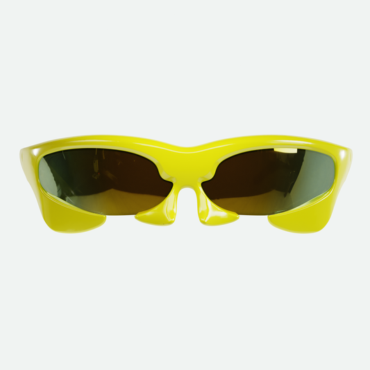 Front view render of Ruggeri Carapace sunglasses with vibrant yellow frames and captivating blue/orange lenses, featuring a custom-moulded insectoid appearance with Category 3 UV400 REVO lenses, designed in Western Australia.
